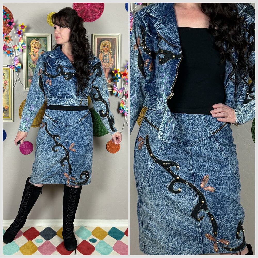 Vintage 1980s Acid Wash Denim Embellished Moto Jacket and Skirt Set